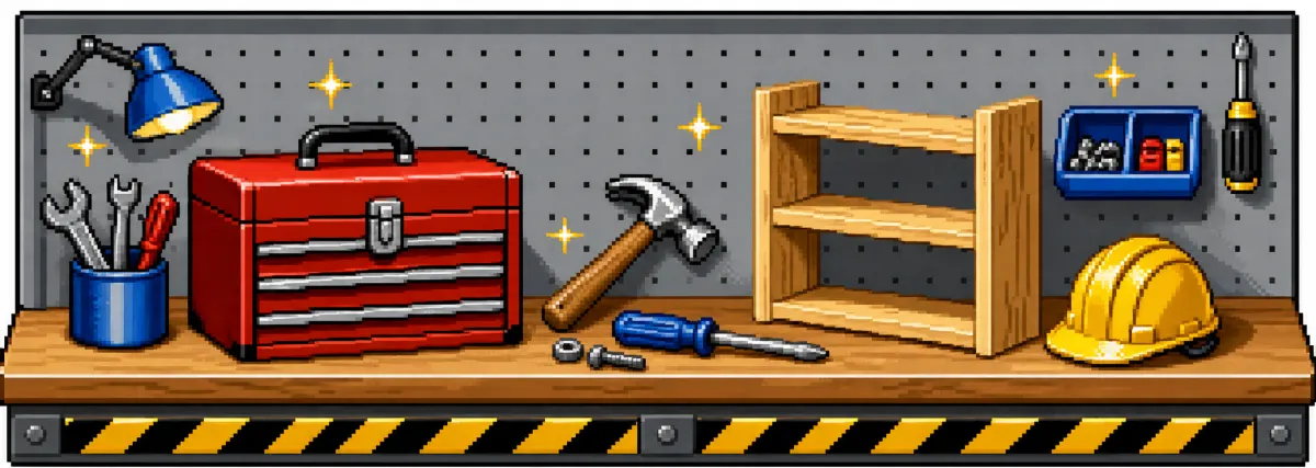 Retro clipart workbench with toolbox, tools, shelf parts, and hard hat